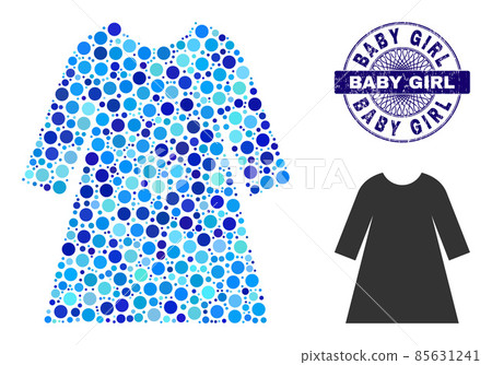Grunge BABY GIRL Round Guilloche Stamp and Woman Dress Composition Icon of Round Dots 85631241