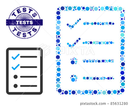Scratched TESTS Round Guilloche Seal and Checklist Page Composition Icon of Round Dots Scratched TESTS Round Guilloche Seal and Checklist Page Composition Icon of Round Dots 85631280