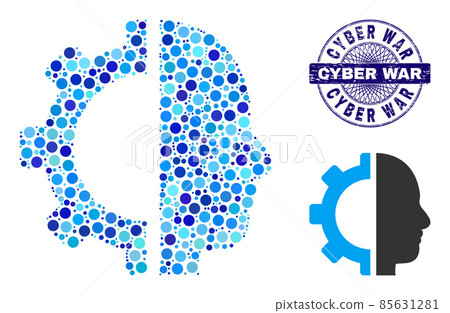 Grunge CYBER WAR Round Guilloche Seal and Cyborg Gear Composition Icon of Round Dots Grunge CYBER WAR Round Guilloche Seal and Cyborg Gear Composition Icon of Round Dots 85631281
