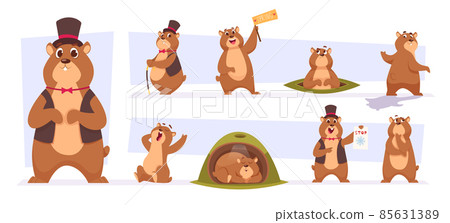 Groundhogs. Cute wild animals day of time loop groundhogs illustrations in cartoon style exact vector pictures set Groundhogs. Cute wild animals day of time loop groundhogs illustrations in cartoon style exact vector pictures set 85631389