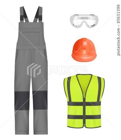 Industry uniform. Realistic workwear professional constructors or engineer pants helmet shoes and jacket with reflection colored lines decent vector templates set Industry uniform. Realistic workwear professional constructors or engineer pants helmet shoes and jacket with reflection colored lines decent vector templates set 85631399