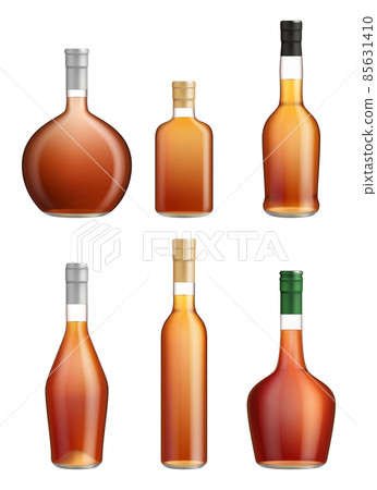 Alcohol bottles. Liquids products transparent containers for cognac tequila whiskey or liquor decent vector realistic glass bottles 85631410