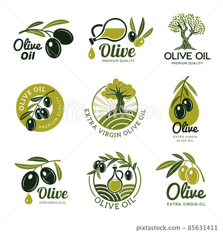 Olive badges. Healthy natural products vegetable logo planting leaves elements recent vector botanical symbols Olive badges. Healthy natural products vegetable logo planting leaves elements recent vector botanical symbols 85631411
