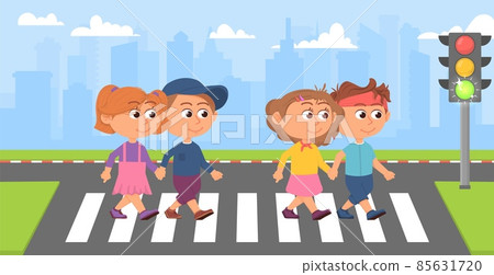 Kids on crosswalk. Kid street crossing, student on road. Green traffic light, safety in town. Cartoon children walk together, education decent vector concept 85631720