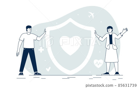Insurance and protection. Security medical, health protect. People safe life, money or business. Man and woman stand with shield, recent vector concept 85631739