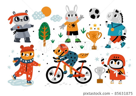 Sport animals. Cartoon athletes characters with equipment. Penguin playing hockey. Football or karate. Healthy lifestyle motivation. Fox on bicycle. Skiing and running. Vector sportsmen set Sport animals. Cartoon athletes characters with equipment. Penguin playing hockey. Football or karate. Healthy lifestyle motivation. Fox on bicycle. Skiing and running. Vector sportsmen set 85631875