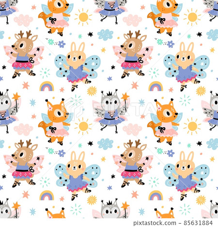 Ballerinas animals pattern. Little cute fairy girls. Forest princesses with dresses and magic wands. Dancing squirrels and rabbits. Winged dancers. Vector seamless cartoon background Ballerinas animals pattern. Little cute fairy girls. Forest princesses with dresses and magic wands. Dancing squirrels and rabbits. Winged dancers. Vector seamless cartoon background 85631884