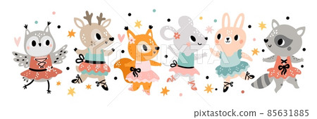 Cute animals ballerinas. Funny girly dancers. Pretty bunny. Squirrel and fawn in delicate dresses, tutus and pointe shoes. Isolated cartoon princesses. Vector dancing characters set Cute animals ballerinas. Funny girly dancers. Pretty bunny. Squirrel and fawn in delicate dresses, tutus and pointe shoes. Isolated cartoon princesses. Vector dancing characters set 85631885