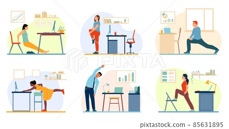 Office exercise. Sport on workplace. Workers do warm up. Employee stretch out. Fitness exercising during operation. Body care. People training with workspace furniture. Vector persons set 85631895