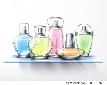Realistic perfume shelf. 3D bottles with toilet water. Fragrance cosmetics spraying vials. Body colognes composition. Aromatic beauty products. Blank flasks for branding. Vector concept Realistic perfume shelf. 3D bottles with toilet water. Fragrance cosmetics spraying vials. Body colognes composition. Aromatic beauty products. Blank flasks for branding. Vector concept 85631922