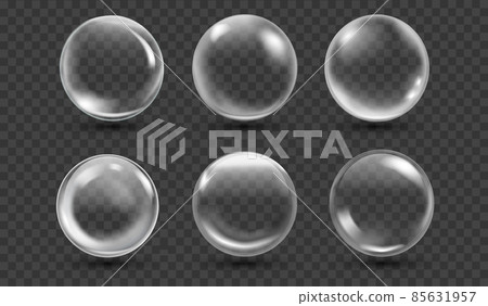 Realistic glass globe. 3d glossy transparent crystal sphere, round orb water clear drop, circle optical bead, soap bubble, gloss shiny empty button, isolated tidy vector illustration 85631957