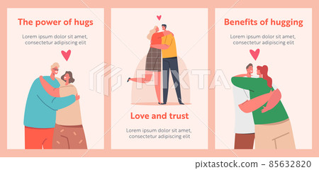 Loving Couples Hug Cartoon Banners, Romantic Relations Concept. Happy Men and Women Embracing and Hugging 85632820