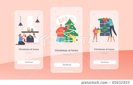Christmas at Home Mobile App Page Onboard Screen Template. Happy Family Decorating Room for Xmas. Father Decorate Window Christmas at Home Mobile App Page Onboard Screen Template. Happy Family Decorating Room for Xmas. Father Decorate Window 85632835