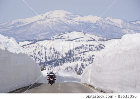 Spring touring image: A motorcycle running in the snow corridor of Hachimantai Spring touring image: A motorcycle running in the snow corridor of Hachimantai 85633056