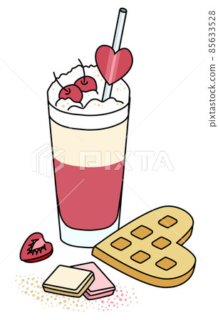 Composition with sweet dessert cherry and cream cocktail mocktail, hear shaped waffle, white and pink chocolate and strawberry. Cute romantic Valentines day Doodle cartoon vector illustration Composition with sweet dessert cherry and cream cocktail mocktail, hear shaped waffle, white and pink chocolate and strawberry. Cute romantic Valentines day Doodle cartoon vector illustration 85633528