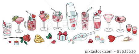 Valentines day cocktail collection set. Pink love drinks in glasses, chocolate and berries, bar shaker, ice scoop and romantic attributes. Vector illustration in cartoon doodle style 85633530