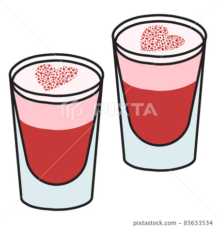 A couple of cute romantic Valentines day pink red shot shooter cocktails decorated with heart shaped sprinkling. Doodle cartoon illustration isolated on white. For greeting cards, specific bar menu A couple of cute romantic Valentines day pink red shot shooter cocktails decorated with heart shaped sprinkling. Doodle cartoon illustration isolated on white. For greeting cards, specific bar menu 85633534