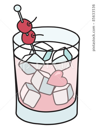 Cute romantic Valentines day pink cocktail in rocks glass garnished with cherries. Doodle cartoon vector illustration isolated on white. Good for greeting cards, specific bar menu, posters 85633536