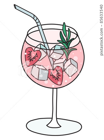 Cute romantic Valentines day pink gin and topic cocktail in balloon glass garnished with juniper and heart shaped strawberries. Doodle cartoon vector illustration isolated on white background Cute romantic Valentines day pink gin and topic cocktail in balloon glass garnished with juniper and heart shaped strawberries. Doodle cartoon vector illustration isolated on white background 85633540