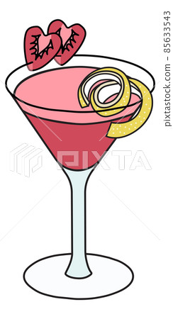 Cute romantic Valentines day pink Cosmopolitan cocktail in martini glass garnished with lemon twist and heart shaped strawberries. Doodle cartoon vector illustration isolated on white Cute romantic Valentines day pink Cosmopolitan cocktail in martini glass garnished with lemon twist and heart shaped strawberries. Doodle cartoon vector illustration isolated on white 85633543