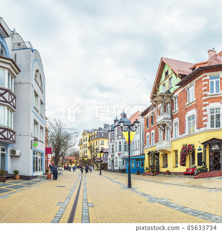 Panorama of the pedestrian street Kurortny prospect in Zelenogradsk, Russia, square photo 85633734