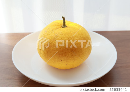 Mandarin oranges on a white plate placed on the table 85635441