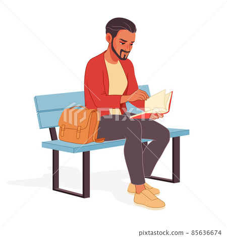 Young man reading an interesting book while sitting on the bench. Vector illustration. 85636674