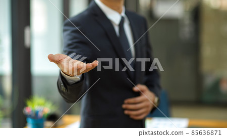 Businessman stretch hand for handshake greeting his partners Businessman stretch hand for handshake greeting his partners 85636871
