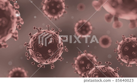 COVID-19 Corona virus with spike glycoprotein are floating on the air . Dark red color background . 3D rendering . 85640023