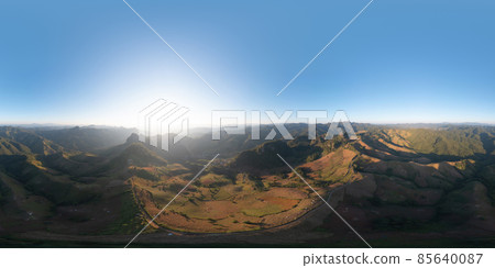 360 panorama by 180 degrees angle seamless panorama of aerial top view of forest trees and green mountain hills. Nature landscape background, Thailand. 360 panorama by 180 degrees angle seamless panorama of aerial top view of forest trees and green mountain hills. Nature landscape background, Thailand. 85640087