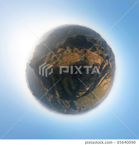 Little planet 360 degree sphere. Panorama of aerial top view of forest trees and green mountain hills. Nature landscape background, Thailand. 85640090