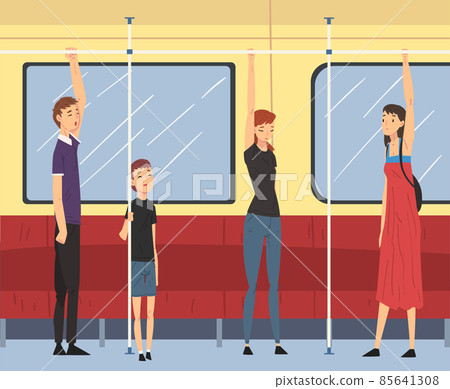 People Character Traveling Inside Electrical Train Holding Handrail Vector Set 85641308