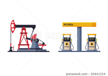 Oil Well with Pumpjack as Overground Drive for Bringing Petroleum and Gas Filling Station Stand Vector Set Oil Well with Pumpjack as Overground Drive for Bringing Petroleum and Gas Filling Station Stand Vector Set 85641324