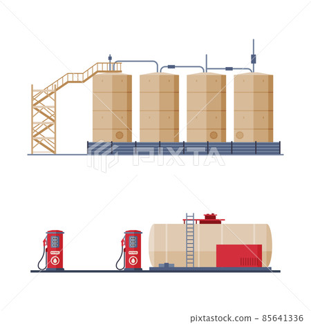 Steel Tank or Storage Reservoir with Oil or Petroleum and Gas Filling Station Stand Vector Set 85641336
