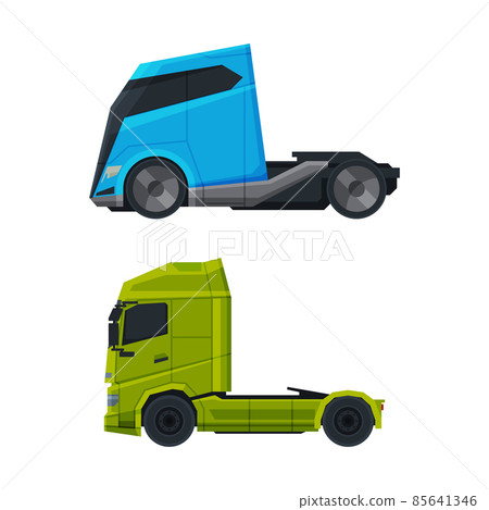 Tractor Unit as Heavy-duty Towing Engine for Hauling Semi-trailer Side View Vector Set 85641346