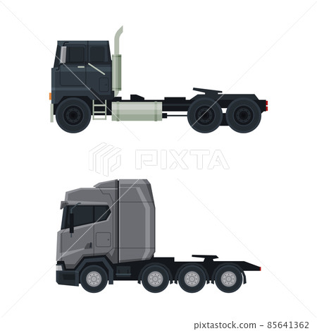Tractor Unit as Heavy-duty Towing Engine for Hauling Semi-trailer Side View Vector Set 85641362