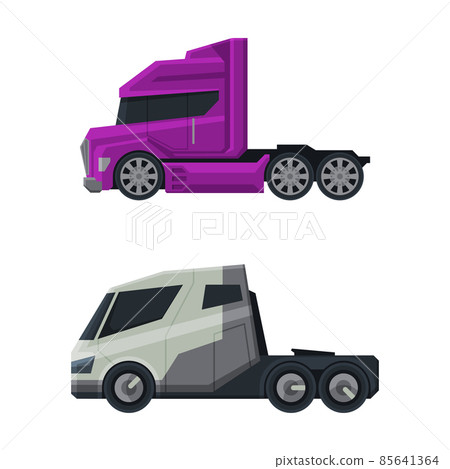 Tractor Unit as Heavy-duty Towing Engine for Hauling Semi-trailer Side View Vector Set 85641364