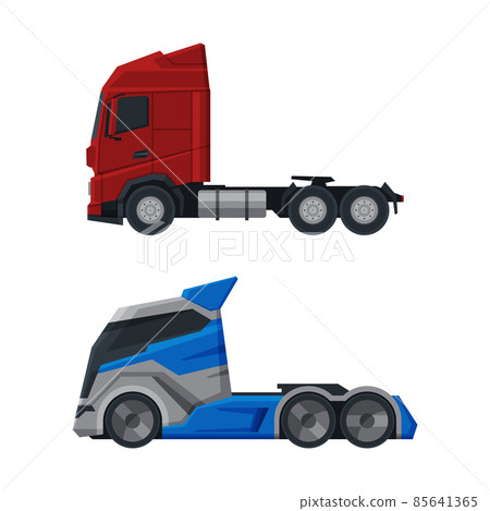 Tractor Unit as Heavy-duty Towing Engine for Hauling Semi-trailer Side View Vector Set 85641365