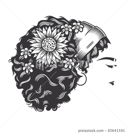 Woman face Afro Messy Bun vintage with flower hairstyles vector line art illustration. 85641591