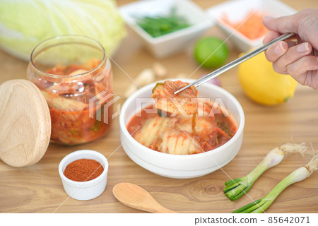 Homemade kimchi and vegetable ingredients. Homemade kimchi and vegetable ingredients. 85642071