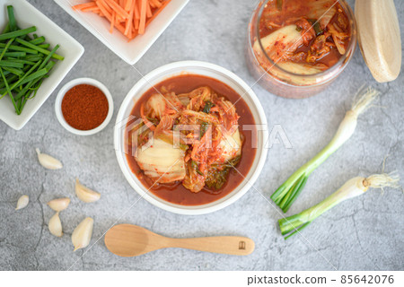 Homemade kimchi and vegetable ingredients. Homemade kimchi and vegetable ingredients. 85642076
