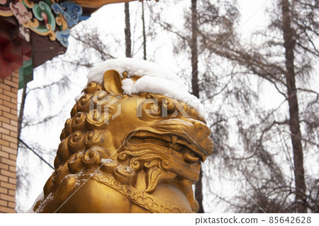 Tibetan temple sculpture. Buddhism. Religion. Golden Lion Tibetan temple sculpture. Buddhism. Religion. Golden Lion 85642628