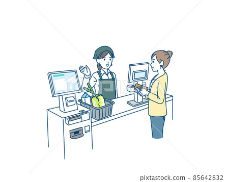 Female accounting, self-checkout, female clerk shopping at a supermarket Female accounting, self-checkout, female clerk shopping at a supermarket 85642832