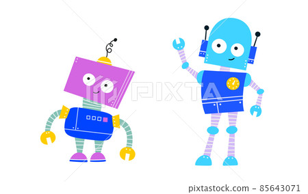 Happy funny cartoon childish robots character. Colorful kids robots with thoughtful face. Flat vector illustration isolated on white background Happy funny cartoon childish robots character. Colorful kids robots with thoughtful face. Flat vector illustration isolated on white background 85643071