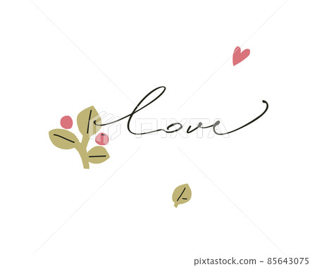 Freehand calligraphic inscription - love. Minimalistic natural leaf decor Freehand calligraphic inscription - love. Minimalistic natural leaf decor 85643075