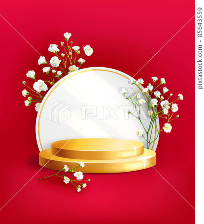 Mockup of golden two-stage round podium on a red background with gypsophila flowers 85643559