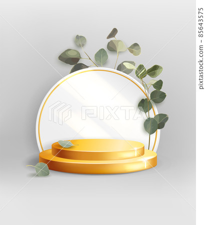 Mockup of golden two-stage round podium on a white background with eucalyptus leaves 85643575