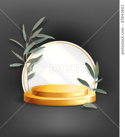 Mockup of golden two-stage round podium on a black background with eucalyptus leaves 85643601