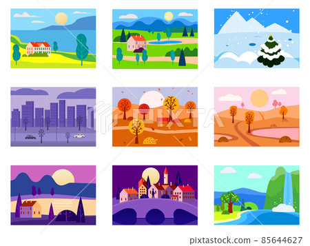 Collection of seasons landscapes winter, spring, summer, autumn. Rural, mountaines, field, city, sea, snow, hot, rain, night. Vector minimalistic flat illustration 85644627