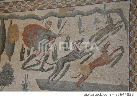 Italy, Sicily, Piazza Armerina, ancient Roman villa in Casale, mosaic floor 85644828